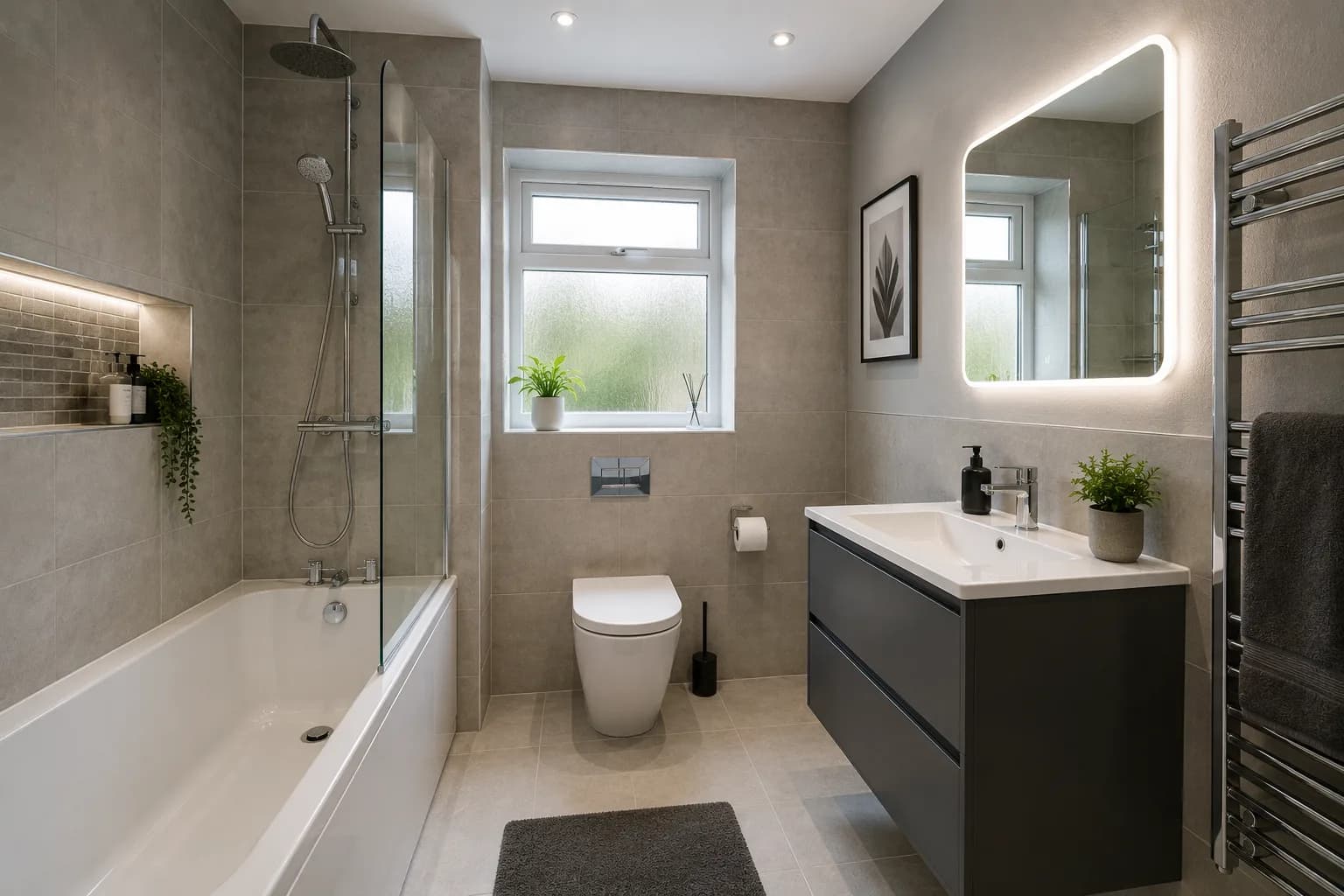 A bathroom with a bath and shower screen, a wall-hung vanity unit and basin, a heated towel rail and a lit mirror