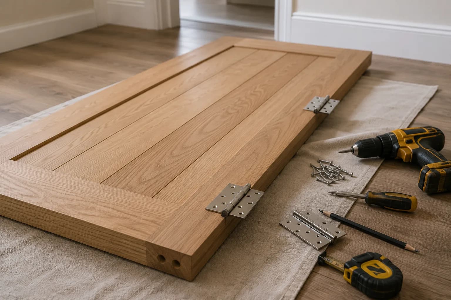 An oak internal door laid flat on a dust sheet with new hinges, a cordless drill, screws and a tape measure ready to fit