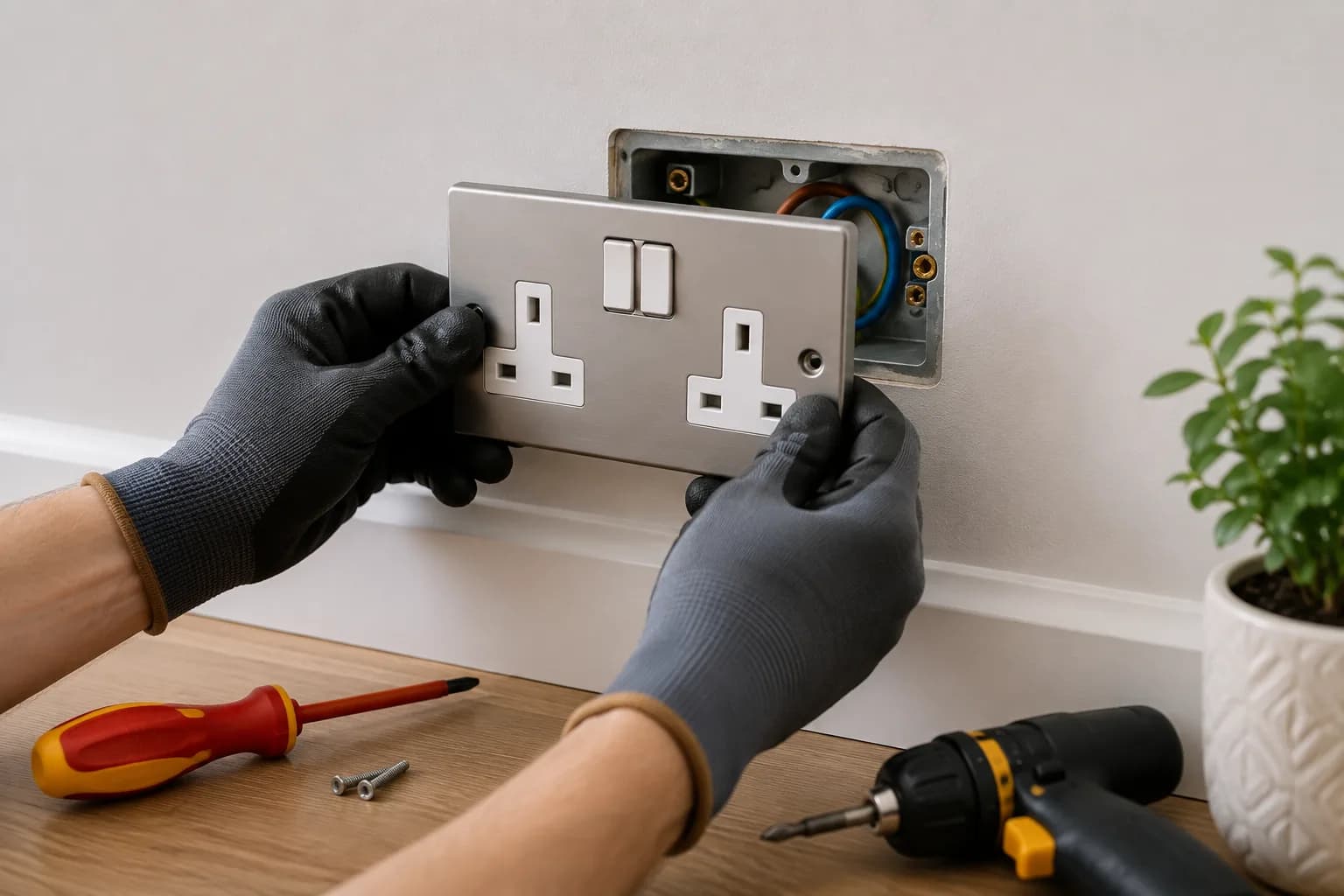 Gloved hands fitting a brushed steel double socket onto an existing back box, with an insulated screwdriver and cordless driver on the floor