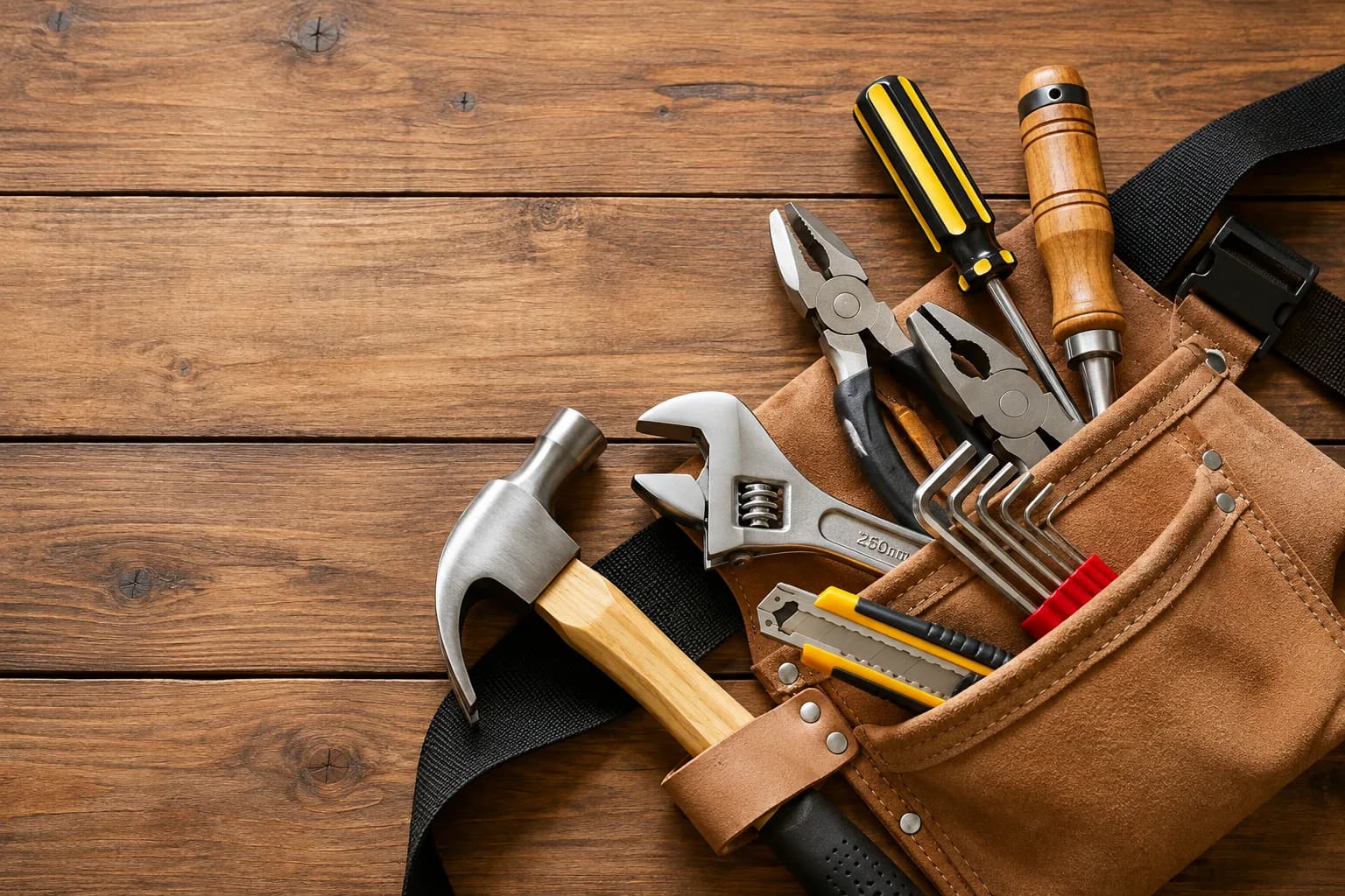 Handyman tools arranged in a leather tool pouch on a timber surface — hammer, adjustable spanner, pliers, screwdrivers and hex keys